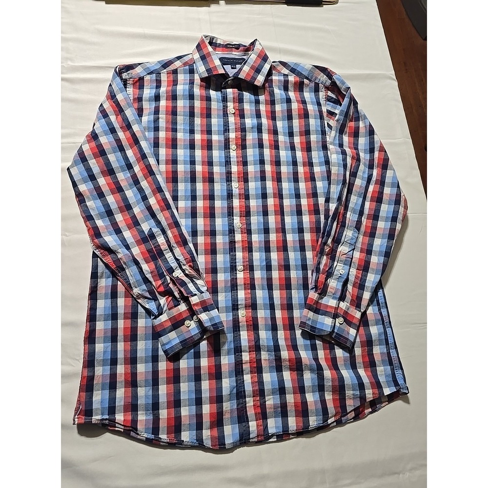 Tommy Hilfiger Y2K VTG Mens 15 1/2 Red Blue Plaid Button Down Long Sleeve Shirt